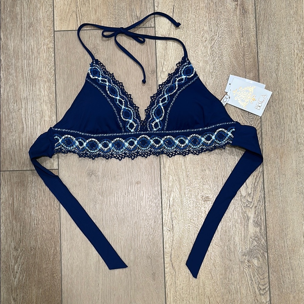 NWT Becca navy crochet trim halter bikini top large